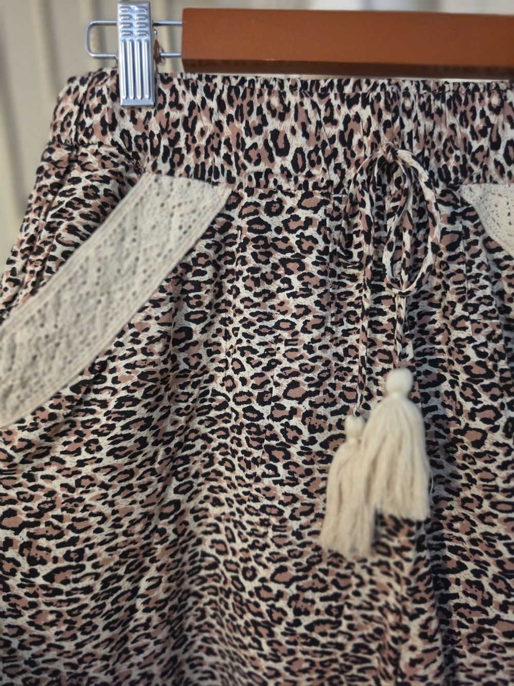 Surf Gypsy Leopard Print Light Flowy Pants with Cream Crochet Detail - Picture 3 of 7